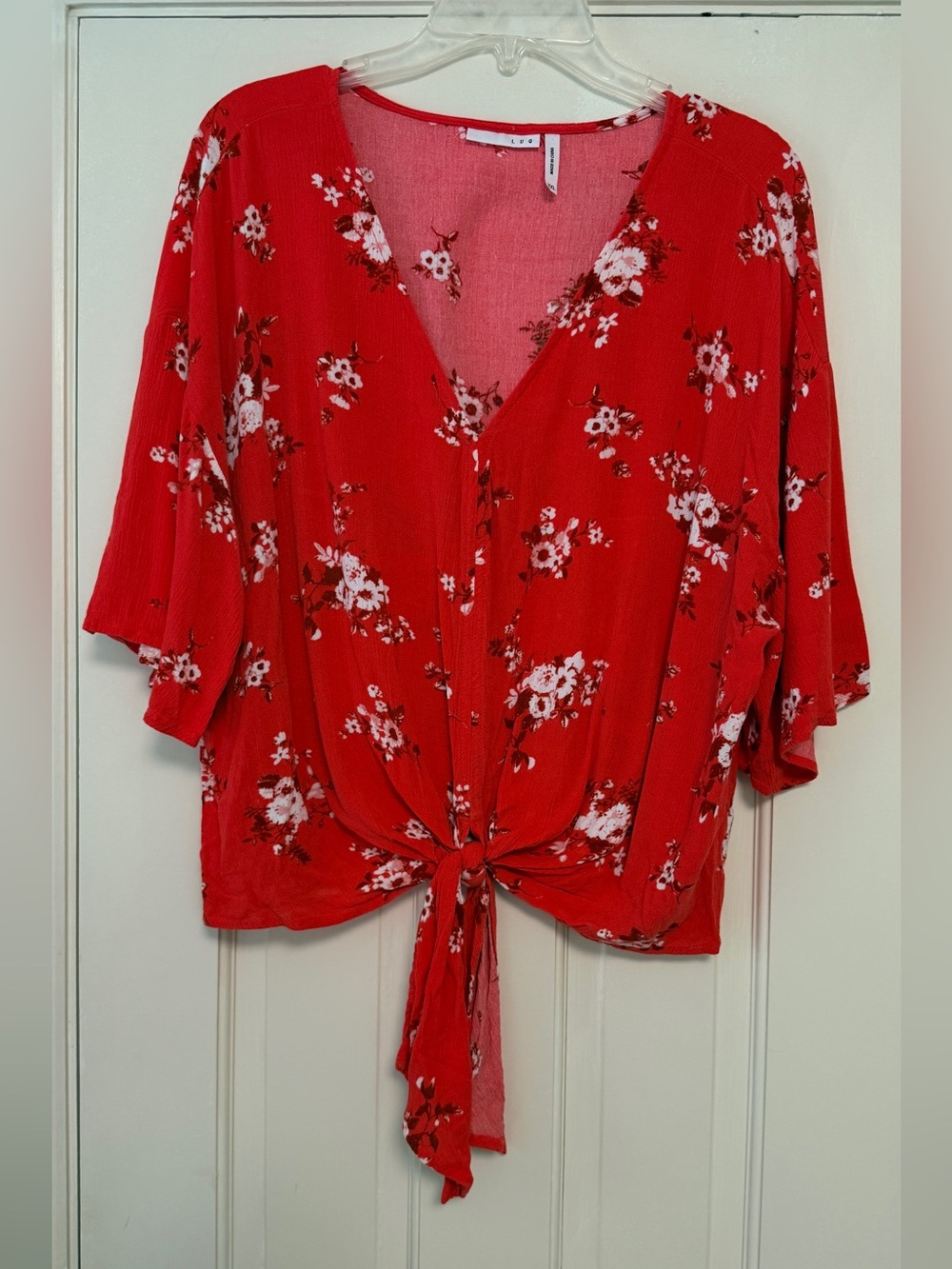 Tie-Front Floral V-Neck Women’s Blouse in Red
